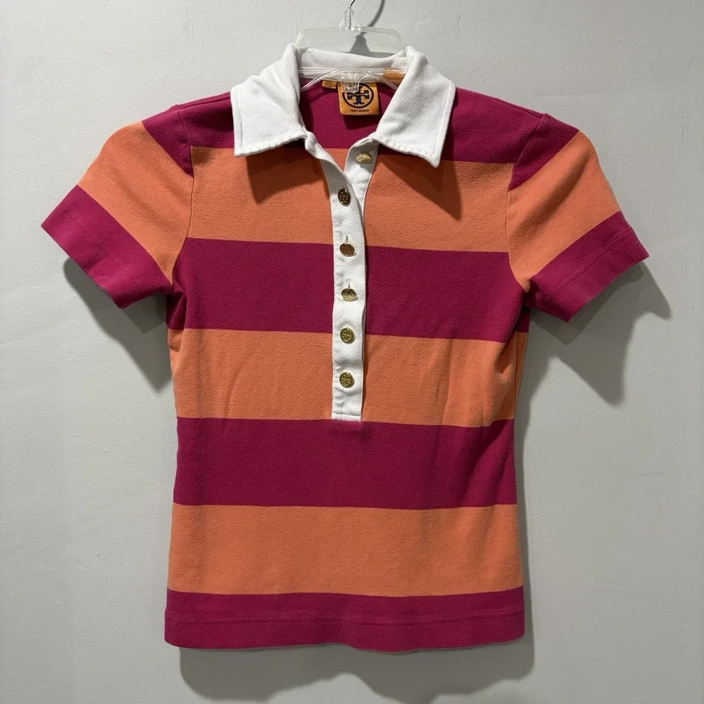 Tory Burch pink and Orange striped‎ polo tee Small Gold Buttons Cotton Preppy